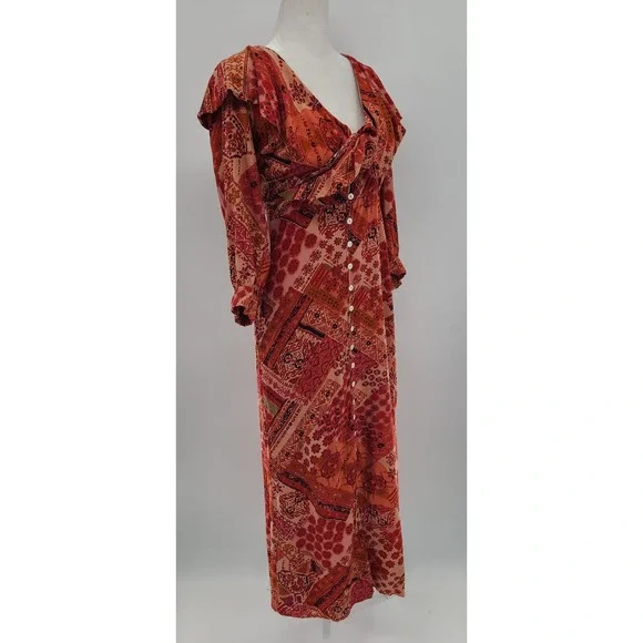Free People Lennon Boho Maxi Wrap Dress Size XS Ruffle Long Sleeve Patchwork - Picture 9 of 12